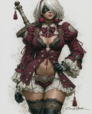 2B in Red White Costume with Black Blindfold and Silver Hair Art/642199557