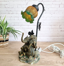 Vintage Widdop Bingham Crosa 2003 Table Lamp Elephants With Green Glass Tulip