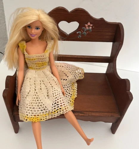 Vtg DOLL Bear FURNITURE Settee LOVESEAT Bench Barbie Size Heart HandPainted Wood