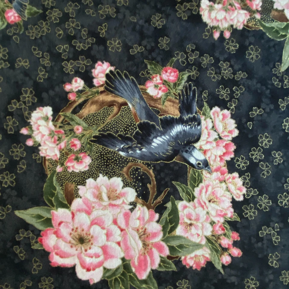 Kiyomi Bird Floral Fabric Black Quilting Fabric 26x41 - Image 3 of 4