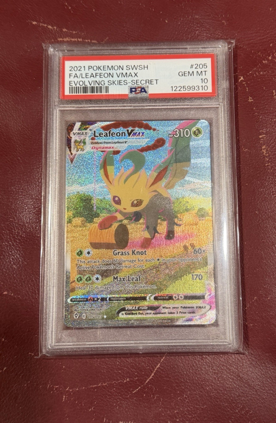 Pokemon TCG Evolving Skies Leafeon VMAX 205/203 Secret Holo Alt Art ENG PSA 10