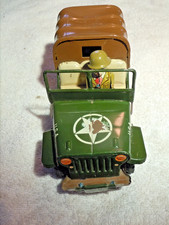 6-1/2 " GREEN JAPANESE TIN ARMY JEEP WITH DRIVER FIGURE,  METAL CARGO COVER