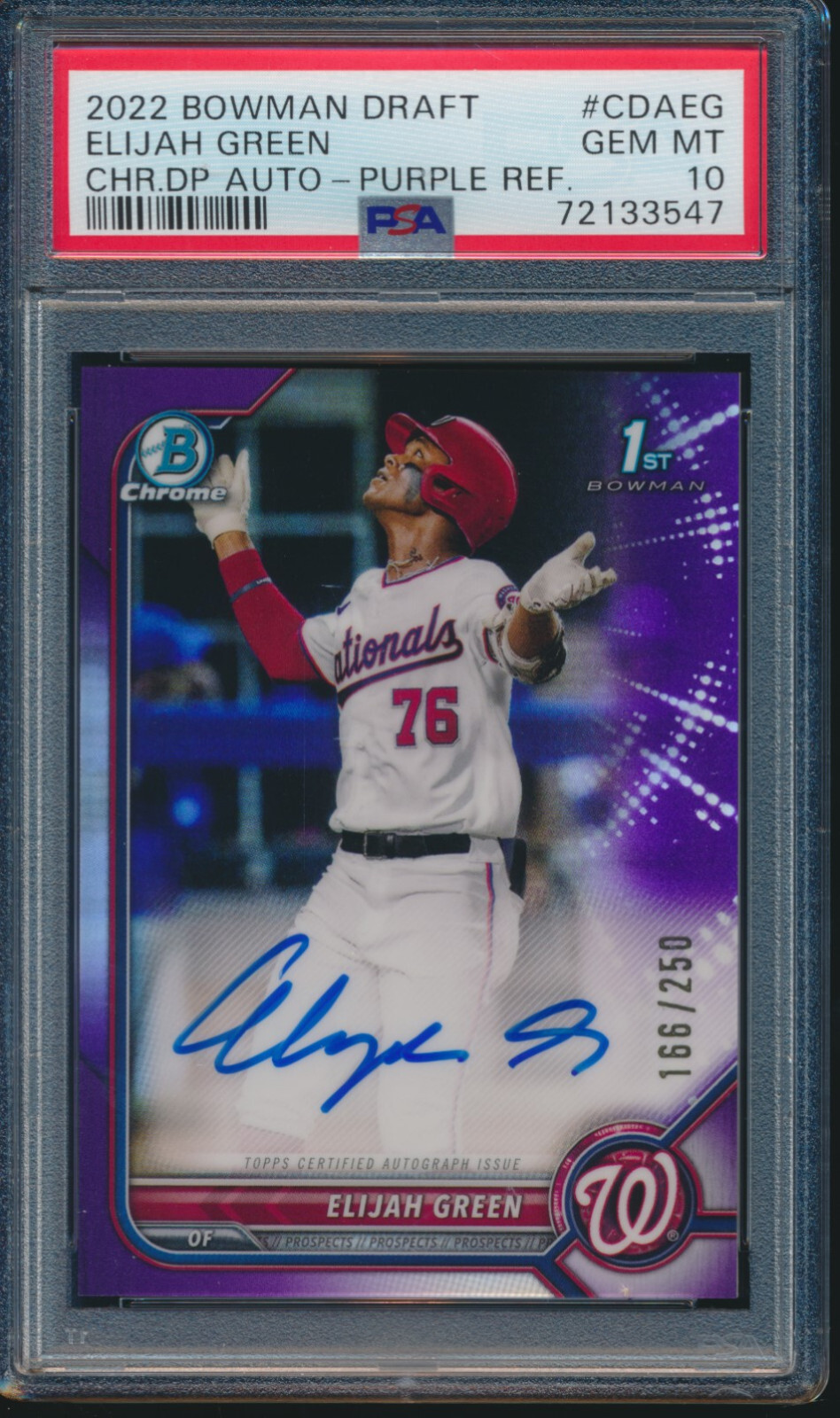PSA 10 ELIJAH GREEN AUTO 1st 2022 Bowman Chrome PURPLE REFRACTOR/250 RC GEM MINT