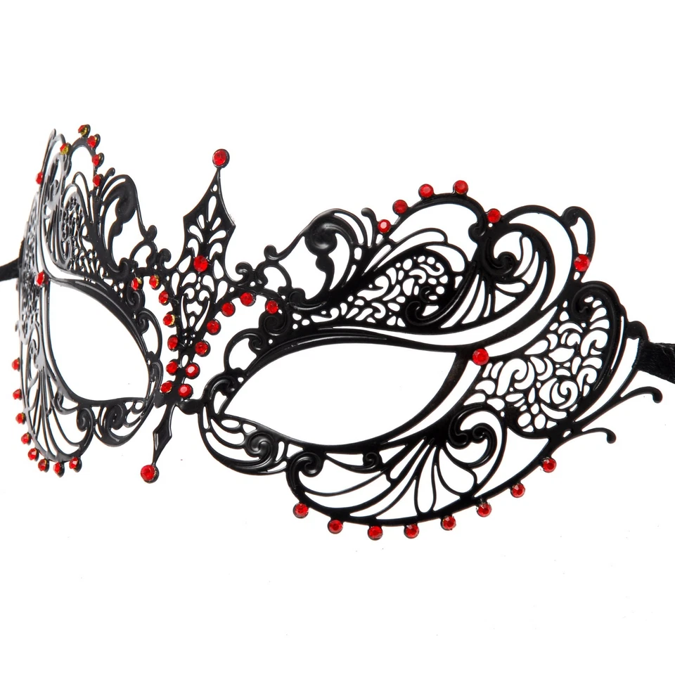 Black Light Metal Filigree Venetian Masquerade Mask for Women (Red Gems) - Image 2 of 3