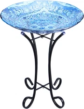 MUMTOP Outdoor Glass Birdbath with Metal Stand for Lawn Yard Garden Decor,18” Di