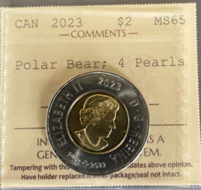 Canada -2 Dollars -2023 - Polar Bear ;4 Pearls -ICCS Certified
