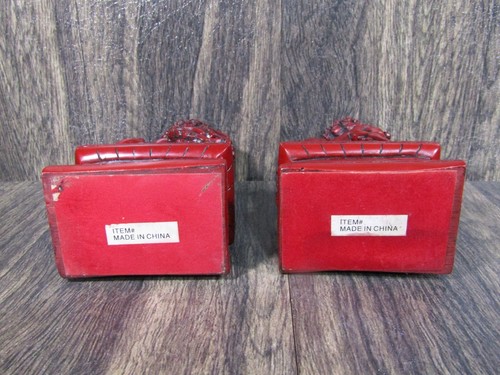 2 Vintage Chinese Foo Dogs Lion Heavy Red Resin Bookends 6.5" Collectibles - Picture 9 of 11