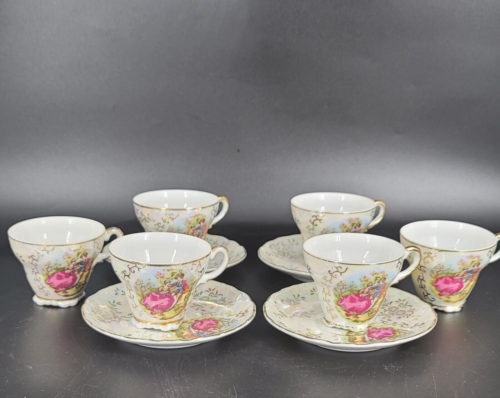 Vintage Courting Couple Demitasse 6 Teacups 4 Saucer Gold Trim Irridescent JAPAN - Zdjęcie 1 z 11