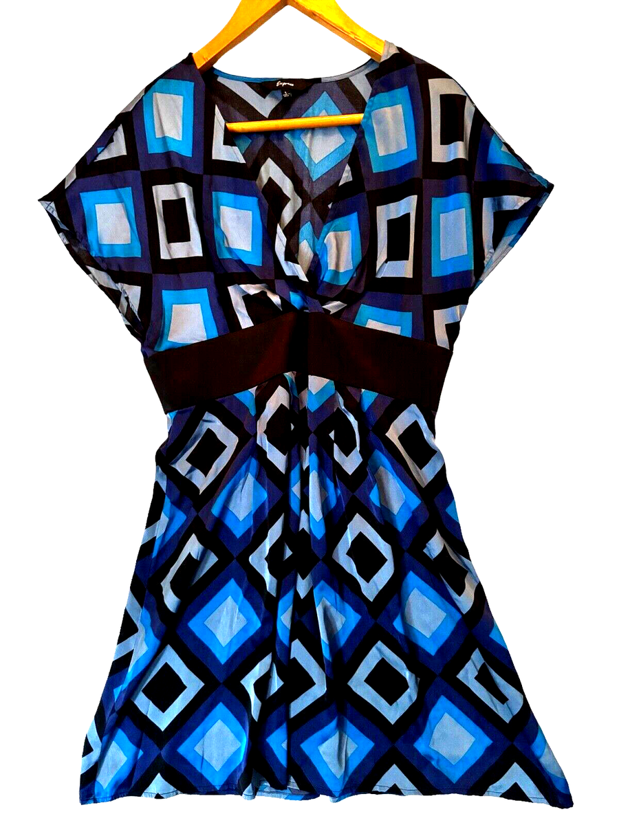Express Dress Womens L Blue Silk Empire Waist Crossover V Neck Y2K  Geometric | eBay