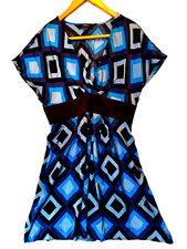 Express Dress Womens L Blue Silk Empire Waist Crossover V Neck Y2K Geometric