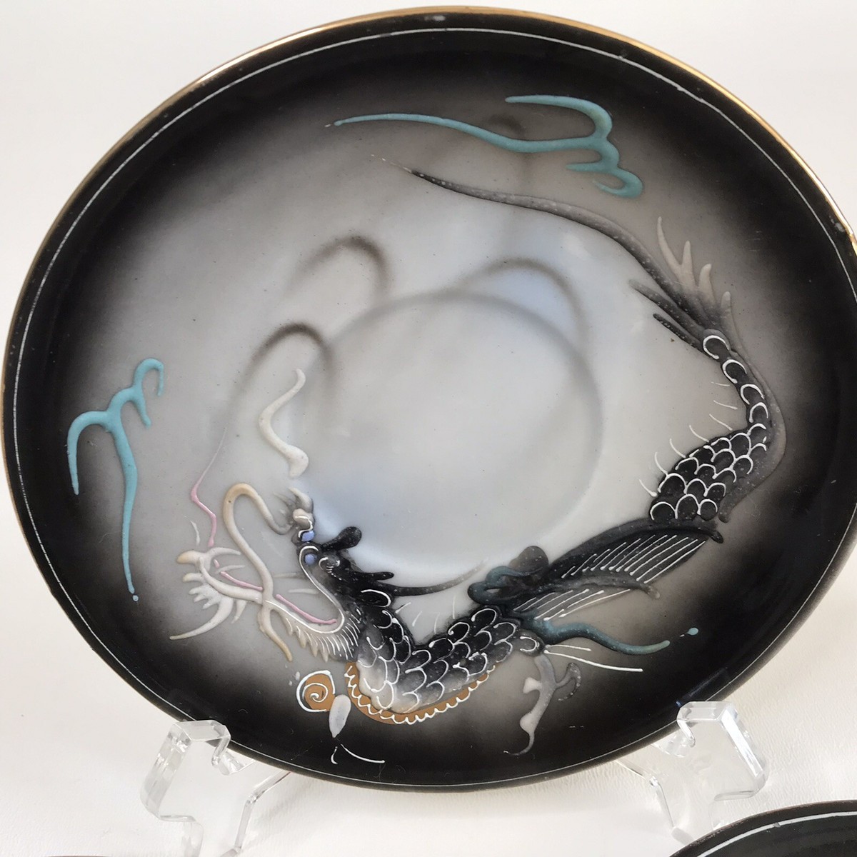 VINTAGE Maruku China Dragonware Moriage Teacup Saucers Black Grey