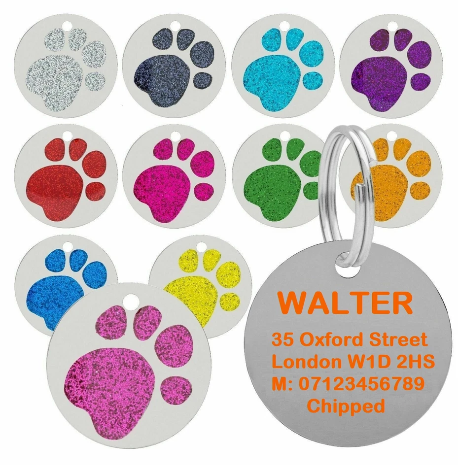 CRAFTMONK Personalised Engraved Glitter Paw Print Tag Dog Cat Pet ID Tags Reflective