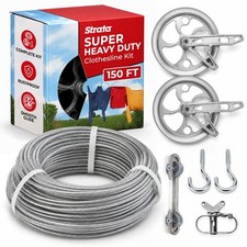 FT Outdoor Clothesline Kit PVC-Coated Steel Cable Pulleys Winch Hooks