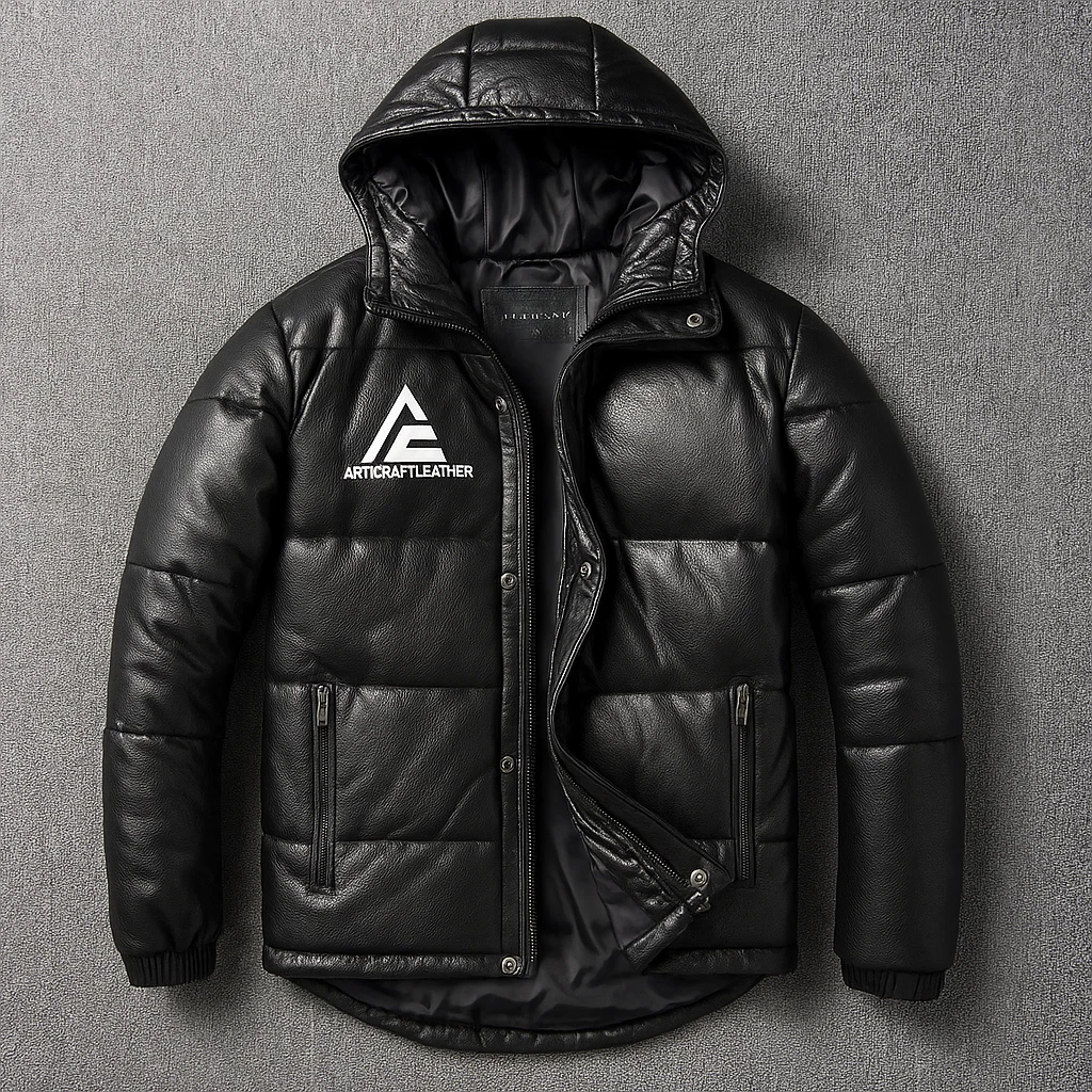 Men Black Hooded Puffer Jacket Genuine Lambskin Leather Quilted Winter Coat