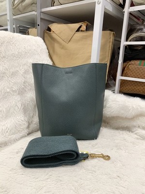 Celine Sangle Bucket MM Dark Green Pebbled Leather Shoulder Bucket Bag