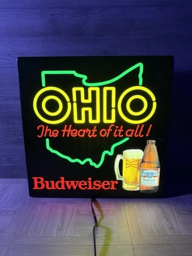Vintage Budweiser Ohio Heart Of It All Electric Lighted Wall Sign Bar Decor Beer