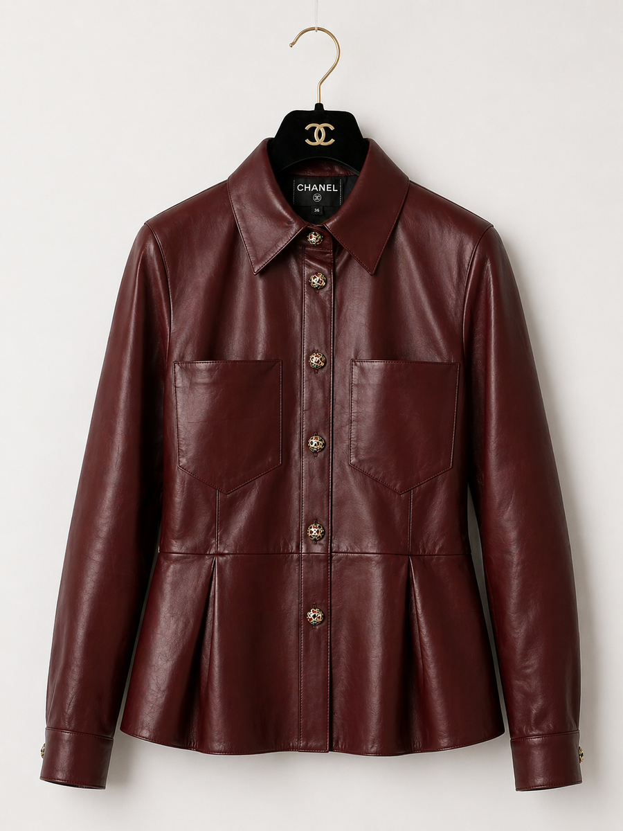 CHANEL 22P BURGUNDY LAMBSKIN CRYSTAL CC LOGO BUTTON JACKET FR42