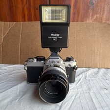 Nikon FM Silver 35mm SLR Film Camera w/ Vivitar Electronic Flash 1900