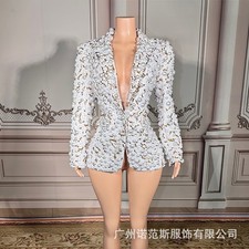 Silver Women Suit Set 1Pcs Pearls Blazer Wedding Prom