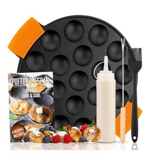 Poffertjes 19 Mini Pancake Maker Crêpe Pan Cast Iron Turning Fork Batter Bottle