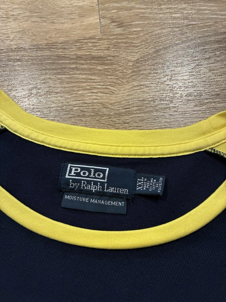 Camiseta Polo Ralph Lauren Para Hombre Amarillo Azul Marino Talla 2XL XXL Gestión de la Humedad De Colección Foto 2 de 4