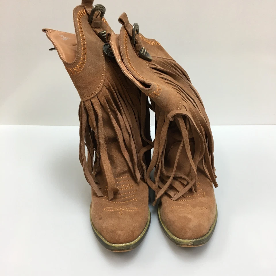 Very Volatile Boots 7.5 Womens Brown Leather Western Heeled Fringes Cowgirl - Image 4 of 4