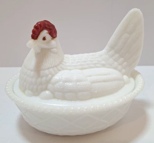Vintage Westmoreland Milk Glass Hen on Nest 2 PC Dish Red Comb 5 1/2"