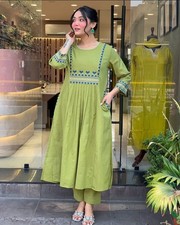 Women's Embroidered Kurta Pant Set  Pleated A-Line Kurti with Pocket