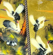 2 Vintage Hand Painted Foil Leaf Lacquer Wood Panels Cranes Pine Trees 19.5x7.5"