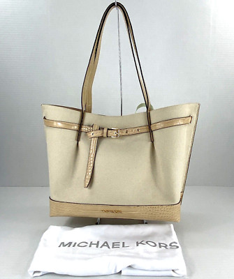 Michael Kors Bag Tote Emilia Two Tone Canvas Embossed Croc Leather Beige $428 A2
