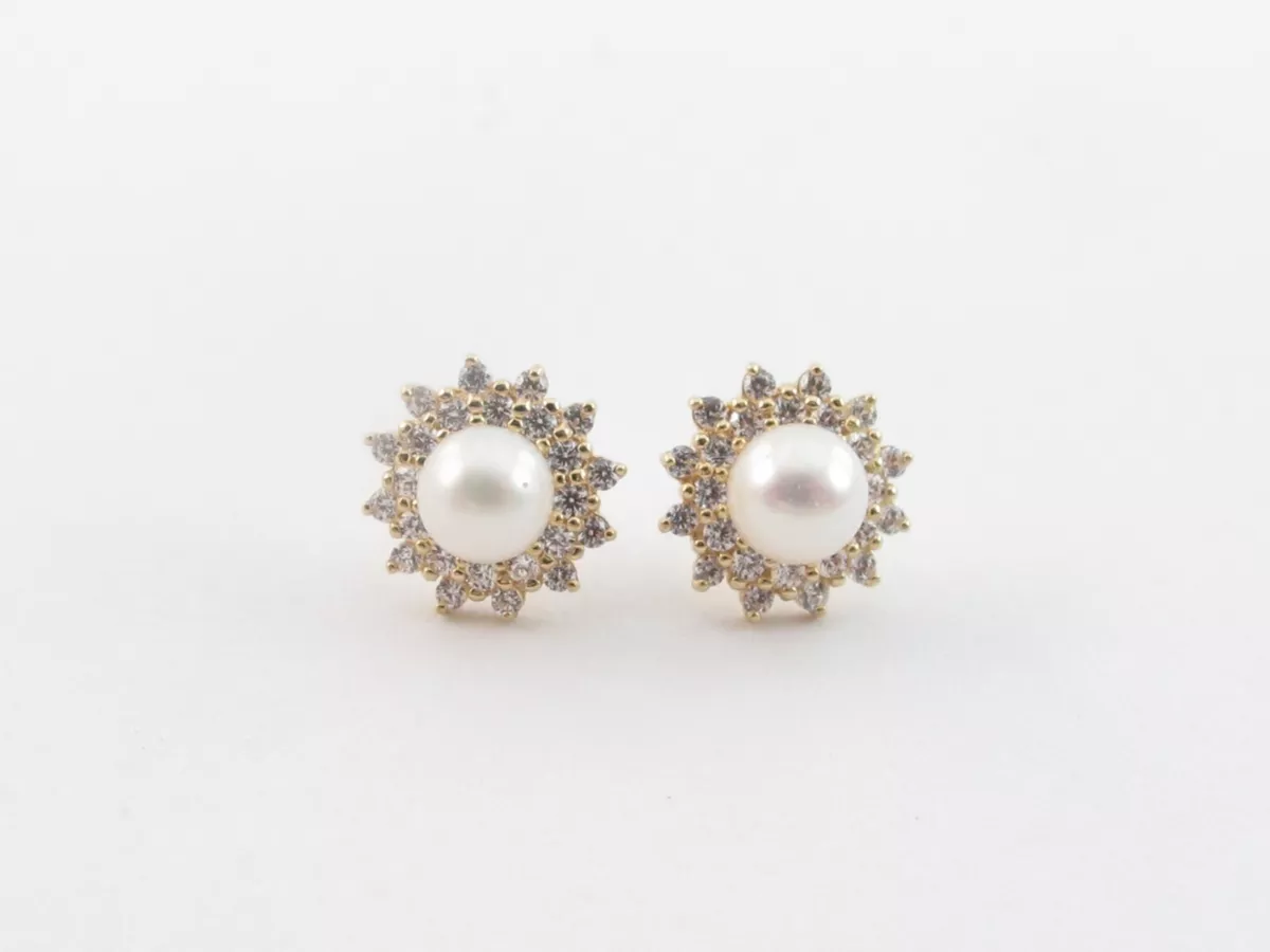 14k Yellow Gold Pearl And Cubic Zirconia Screw Back Stud Earrings