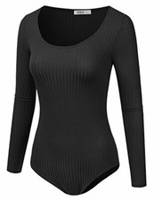 Stretchy Scoopneck Rayon Ribbed Knit Bodysuit Black XL SL09