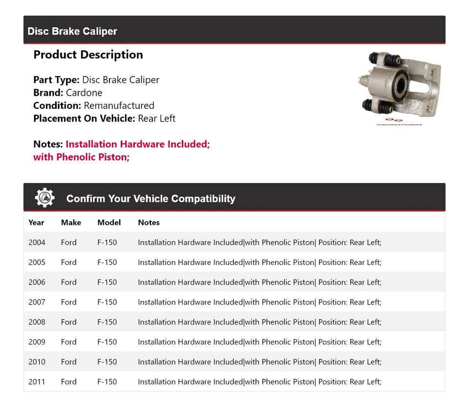 Pinza de freno de disco trasera izquierda cardone 2005 2006 2007 para Ford F-150 2004-2011 Foto 2 de 4