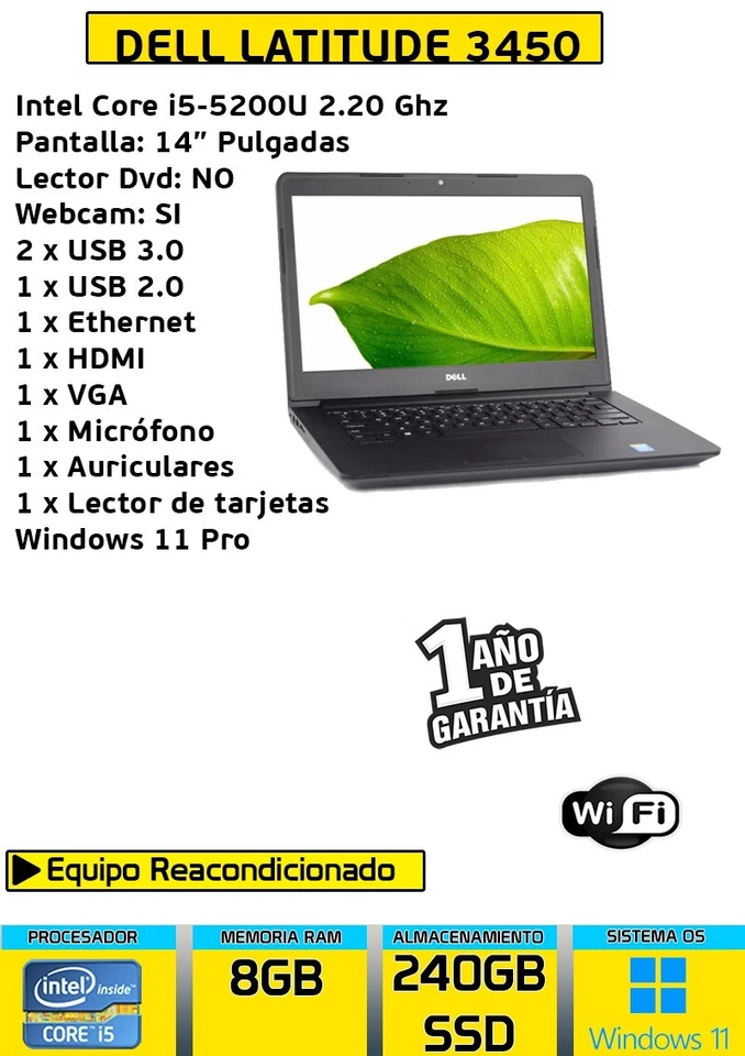 ORDENADOR PORTATIL DELL LATITUDE 3450 CORE I5 8GB RAM 240GB SSD WINDOWS 11 - Imagen 4 de 4