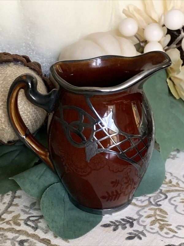 Art Nouveau Sterling Silver Overlay Art glass  Pitcher c1900