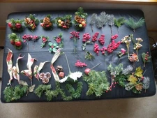 LOT Vtg CHRISTMAS Floral PICKS Holly Berry Fruit Pinecone, Evergreen SOLD"AS IS"