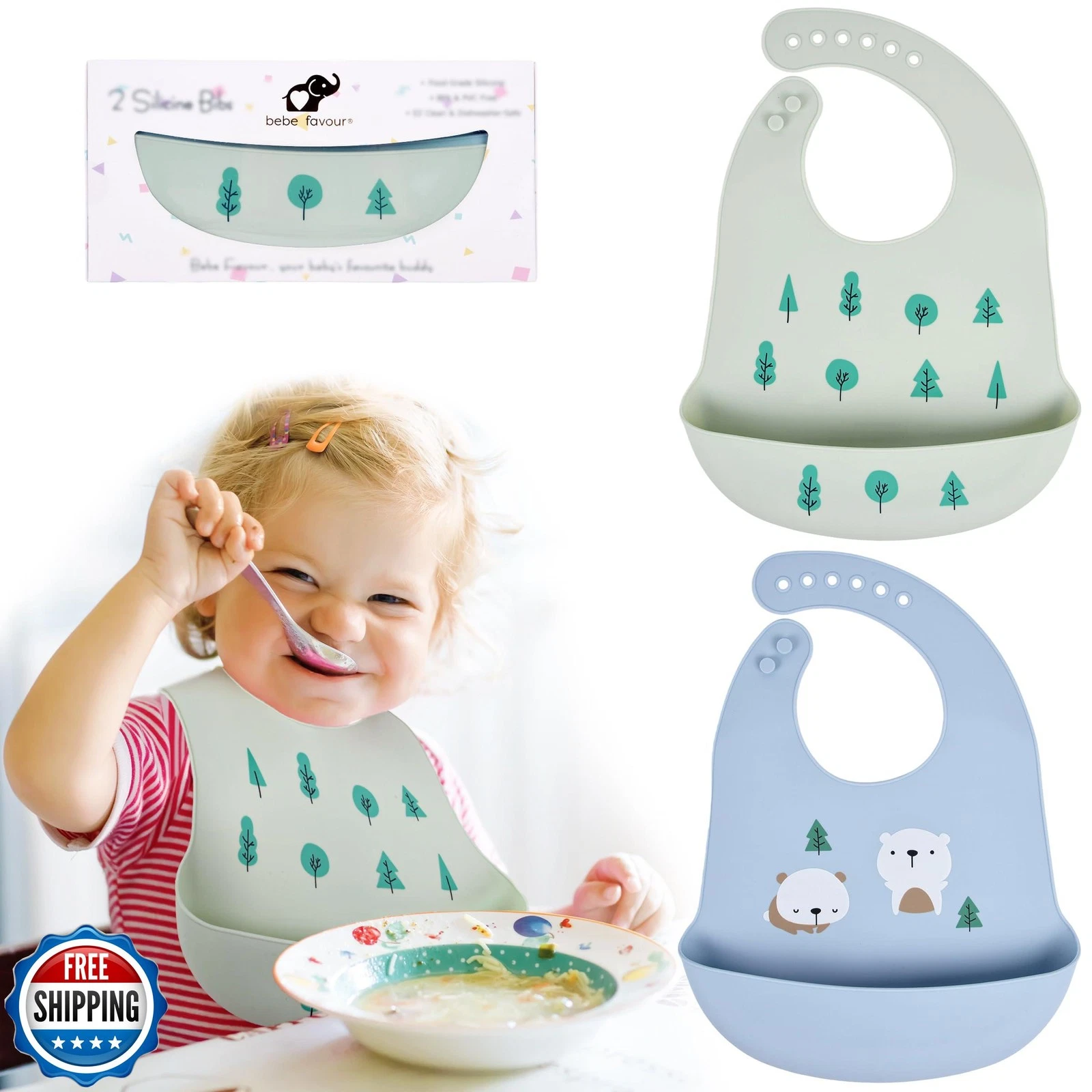 BEBE FAVOUR 2 Pack Silicone Baby Bibs Adjustable Fit Waterproof Bib With Leak