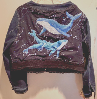 TORRID Denim Jacket WHALES Hand Painted 3X Boho * Art to Wear