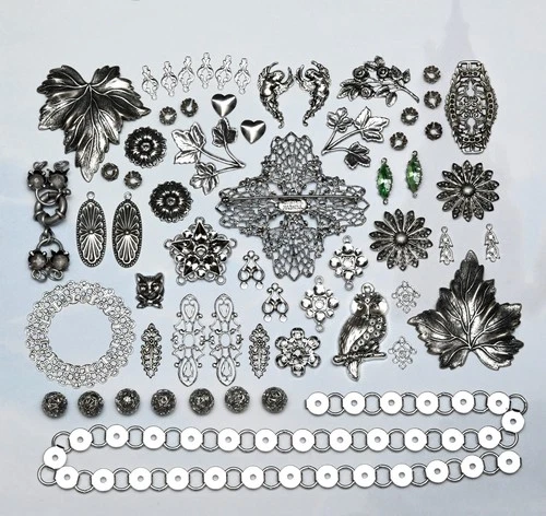 60 Pc Lot Vintage Miriam Haskell Jewelry Parts Stampings Findings Silver Plated