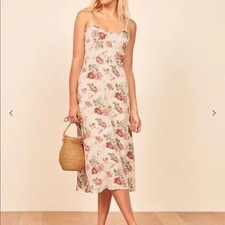 Reformation Women's Cassandra Dress 10 White Floral Midi Slit Graduation Event