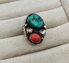 Vintage Sterling Silver HUGE Navajo Turquoise & Coral Ring Size 9