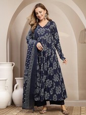 Indian Women Blue Cotton Printed Anarkali Angrakha Kurta With Trouser Dupatta
