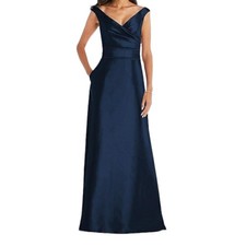 Alfred Sung dress D811s off the shoulder draped wrap satin maxi blue size 0
