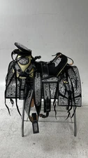 Charro Saddle – Black & White Bordada “El Potro Valiente” (15.5”)