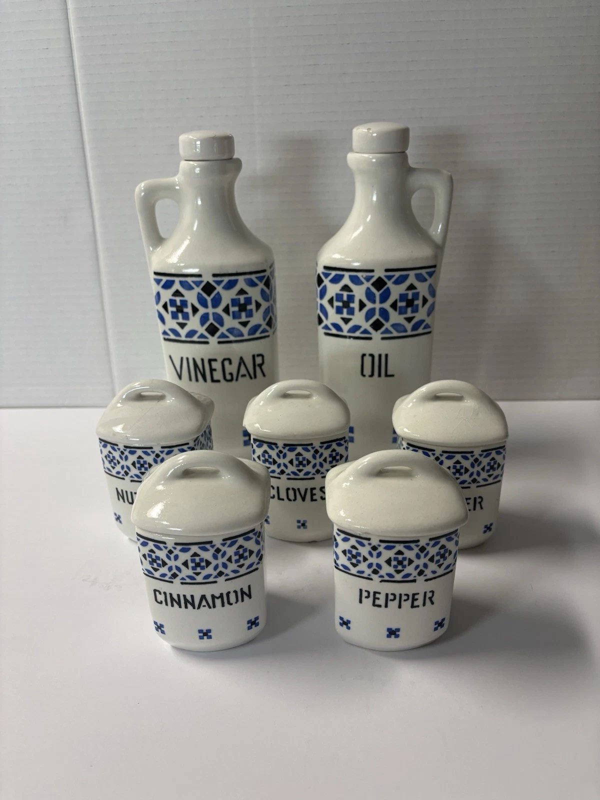 Vtg Oil Vinegar Bottles & 5 Spice Jars Czechoslovakia Ceramic Blue White READ