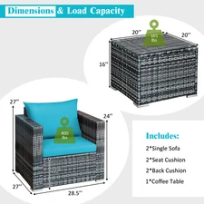 Patiojoy 3PCS Patio Wicker Furniture Bistro Set Cushioned Sofa Chair Turquoise