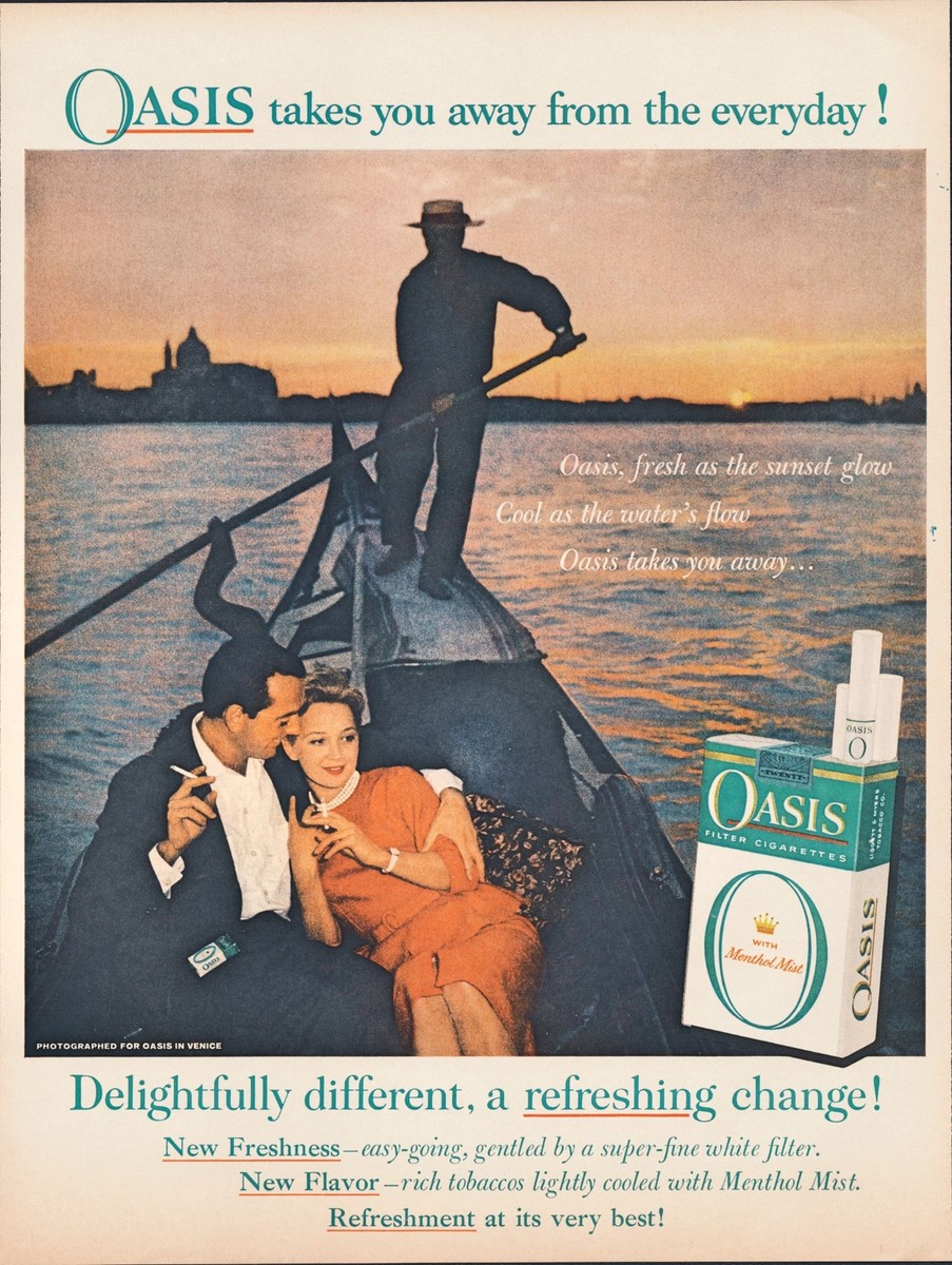 1959 Oasis Cigarettes Vintage Print Ad Venice Italy Gondola St Mark  Basilica Art