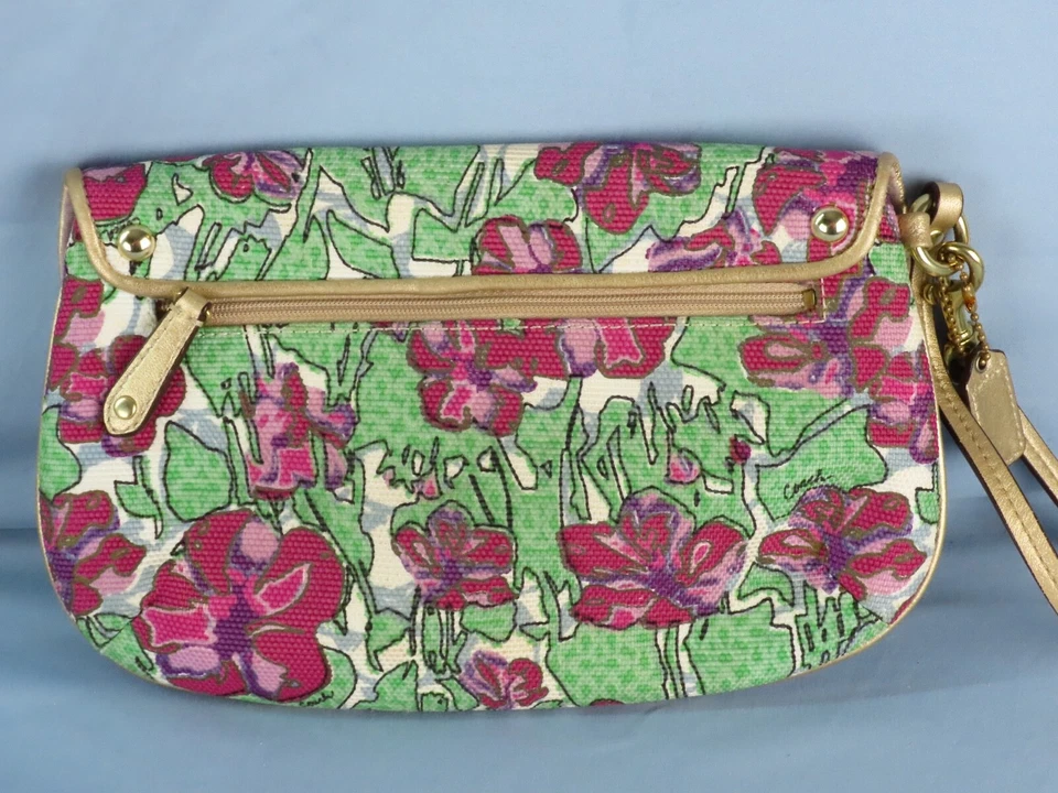 Винтажный тренер Ashley Iris цветочный холст кошелек с ремешком сумочка Золотой кожи розовый зеленый - Изображение 2 из 4
