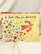 BlueQ Bags "I Like Who I'm Becoming" Zipper Pouch Yellow Bird Flowers Recycled