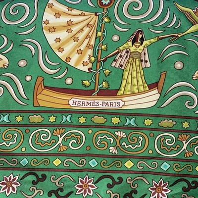 Hermes Silk Scarf Peuple du Vent Green Carre 90 cm 35